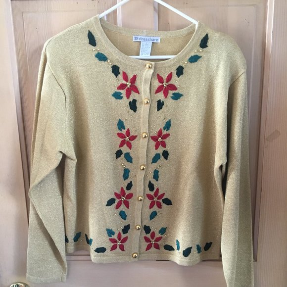 Dress Barn Poinsettia Christmas Cardigan Sweater -  Size Large - Picture 1 of 4